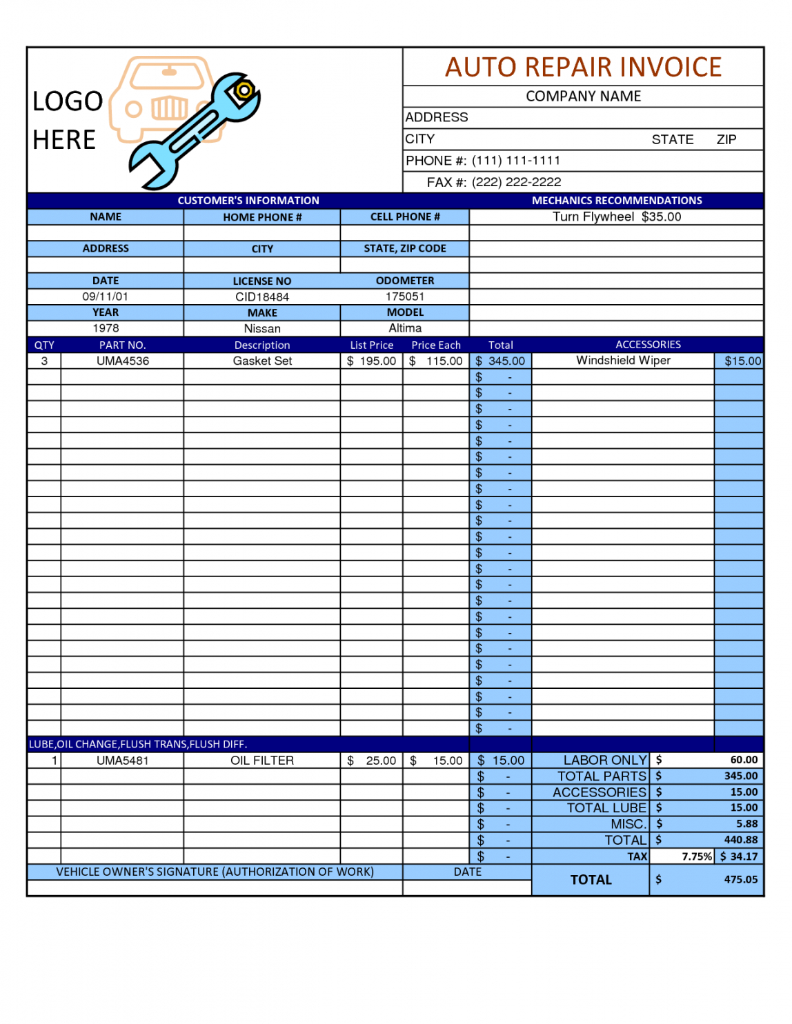 Auto Repair Shop Receipt Template EmetOnlineBlog