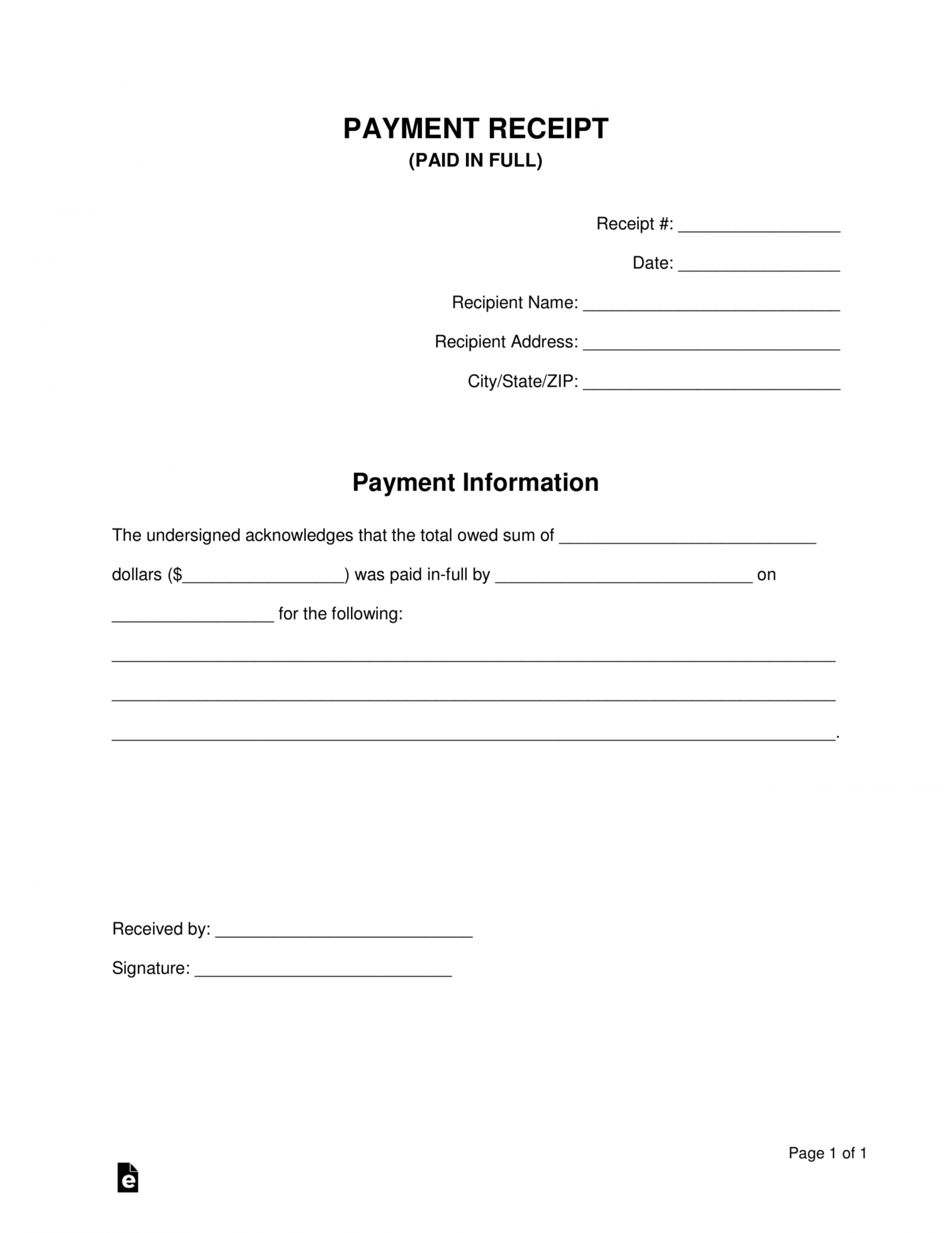 Editable Paid Infull Receipt Template Eforms Free Fillable Forms Personal Loan Payment Receipt