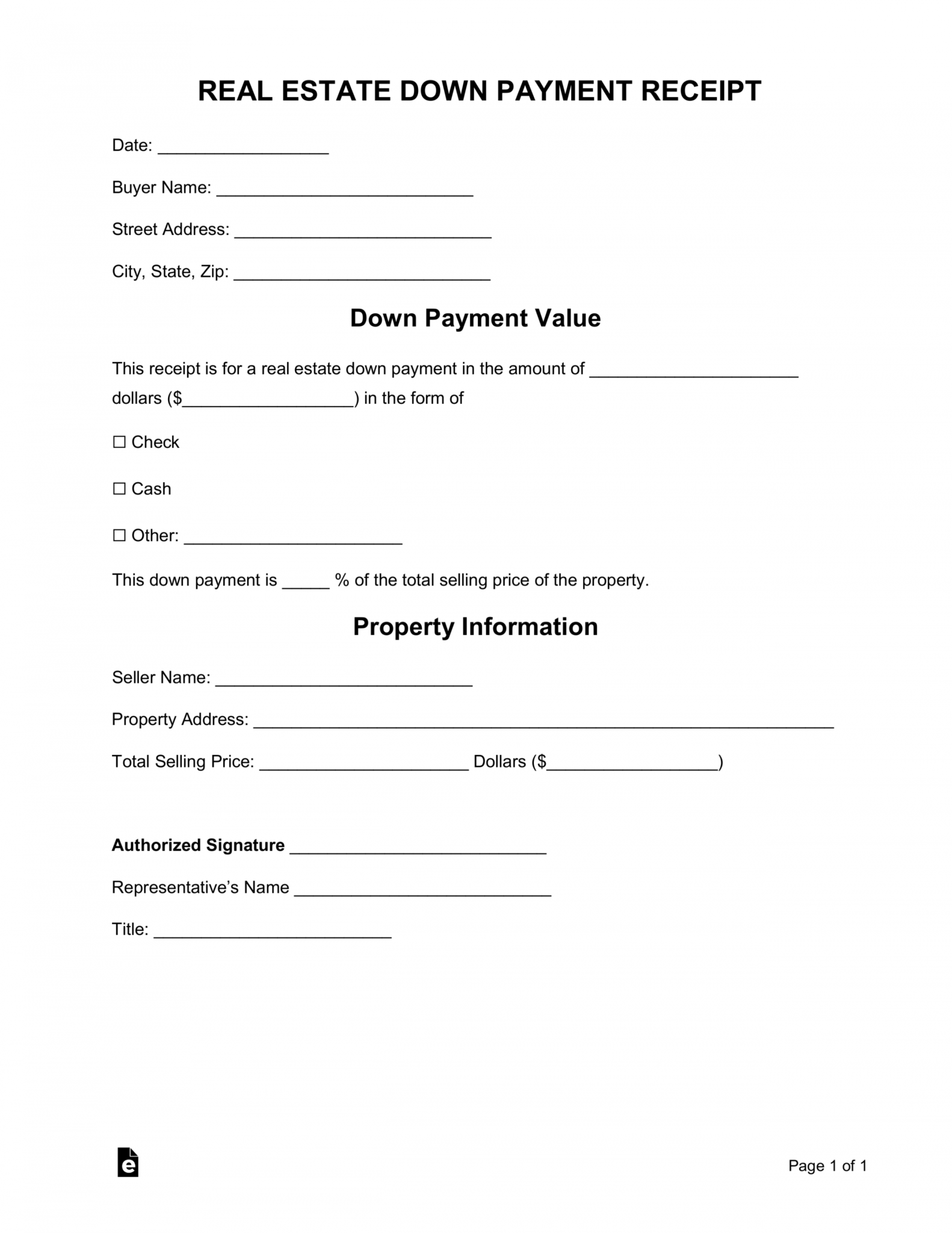Printable Free Real Estate Downpayment Receipt Word Pdf Eforms Real