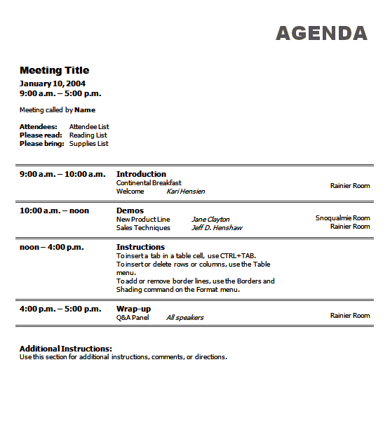 sample business meeting agenda template