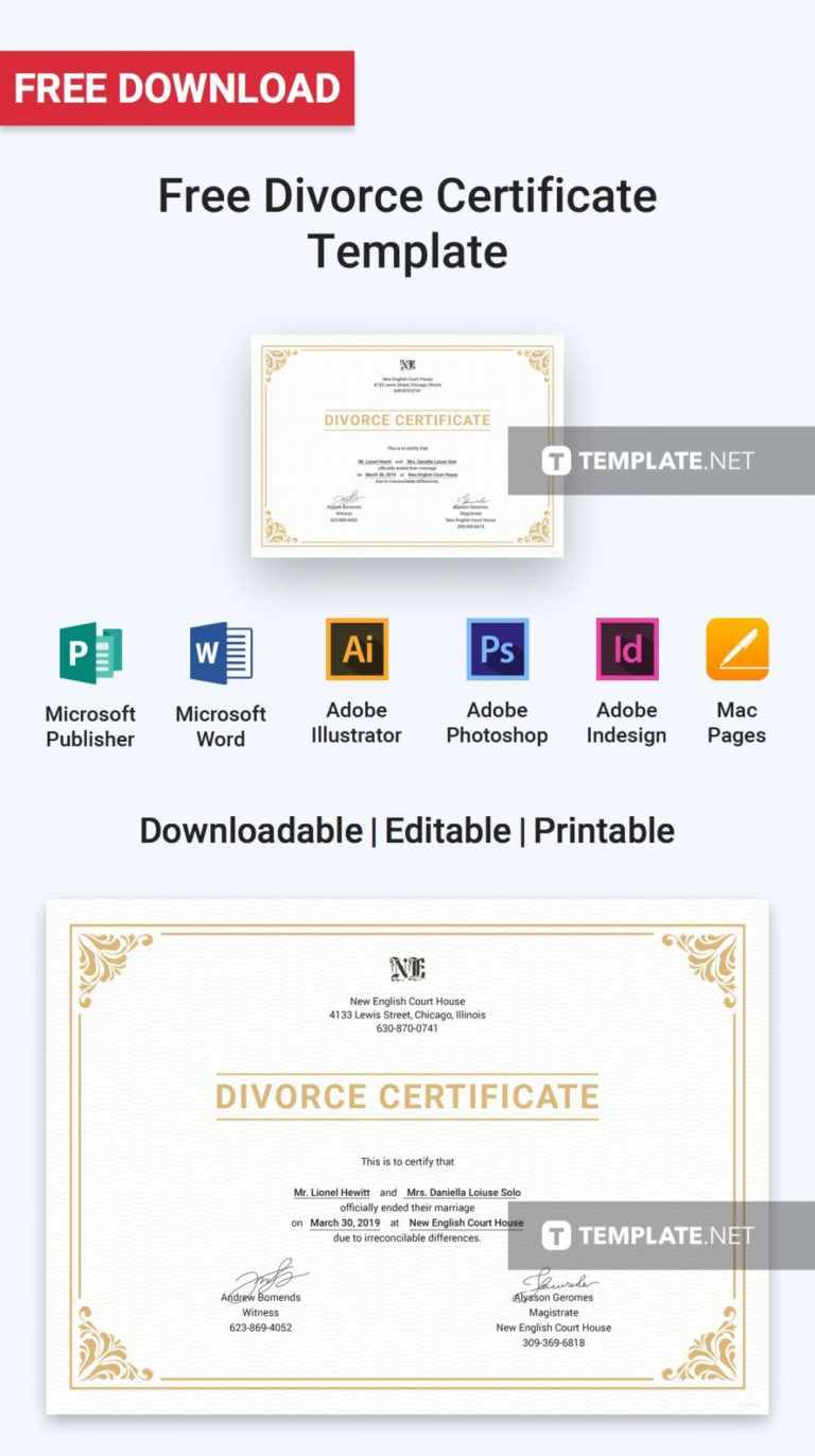 Editable Free Divorce Certificate Certificate Templates & Designs 2019