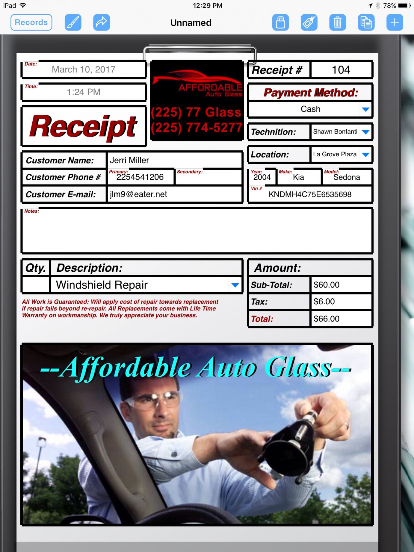 auto glass repairer uses ipad to go paperless  form connections auto glass invoice template