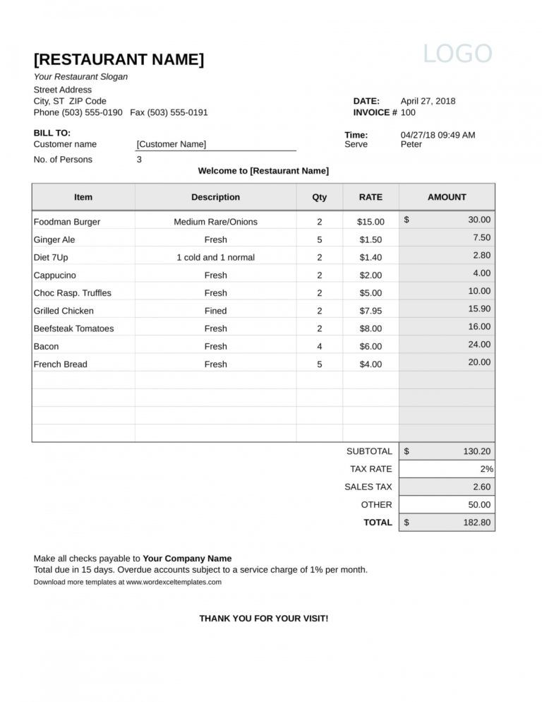 Editable Free 4 Restaurant Receipt Forms In Pdf Ms Word Excel ...