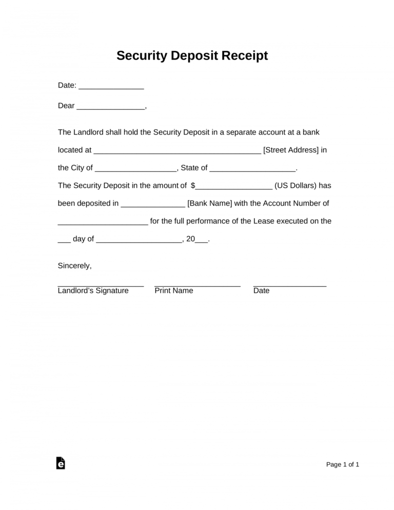 Free Security Deposit Receipt Template Pdf Word Eforms Holding Deposit