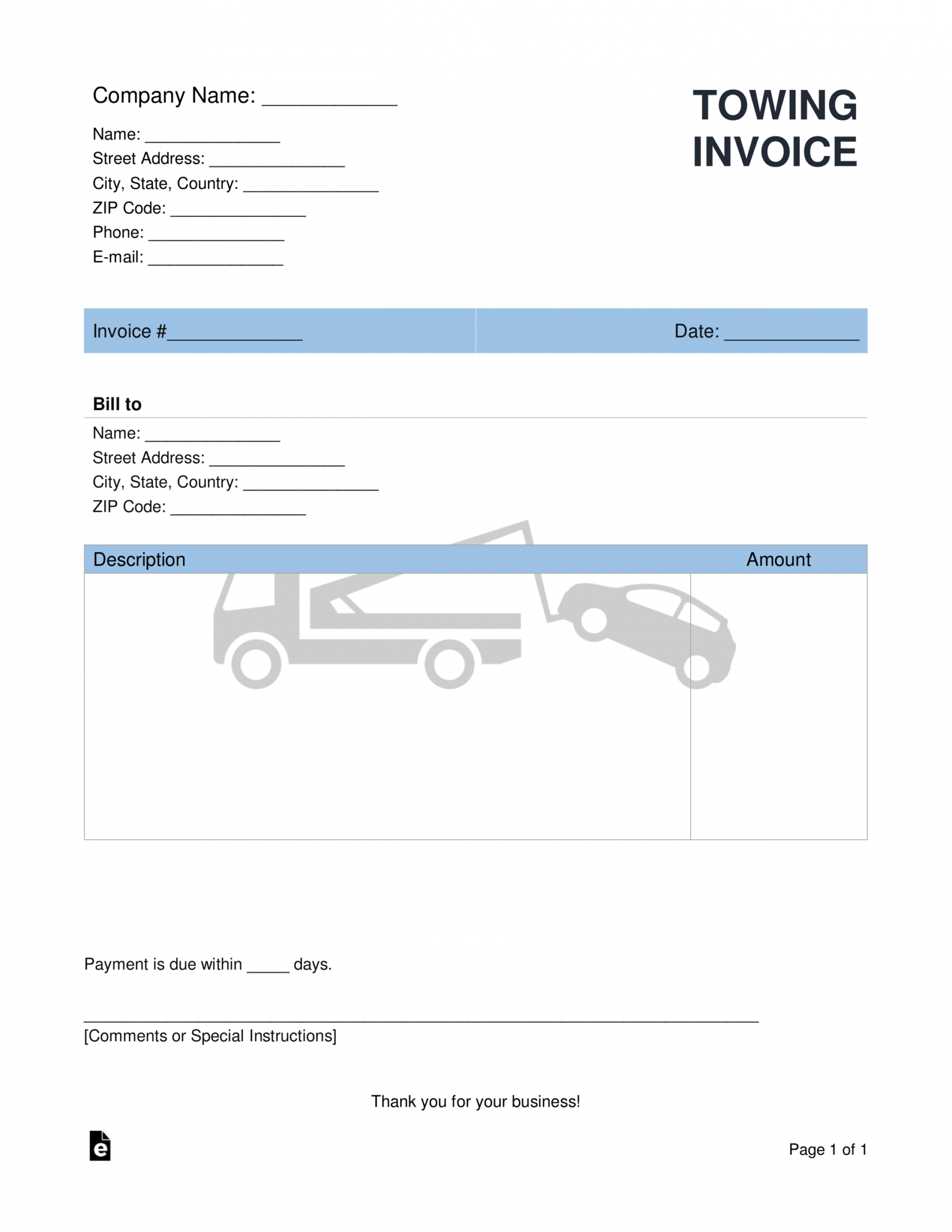 free towing company invoice template  pdf  word  eforms car towing receipt template sample