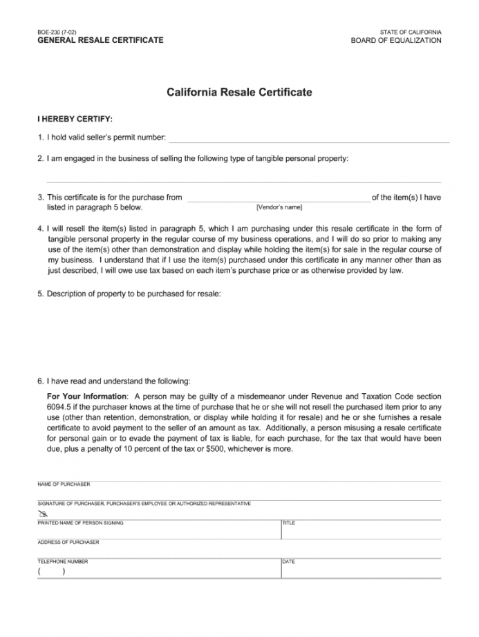 free california resale certificate  fill online printable resale certificate template doc