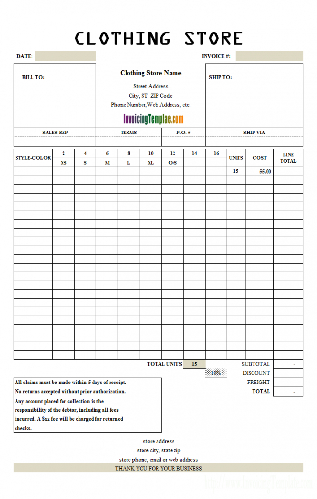 Printable Clothing Store Manufacturer Invoice Template With Discount ...