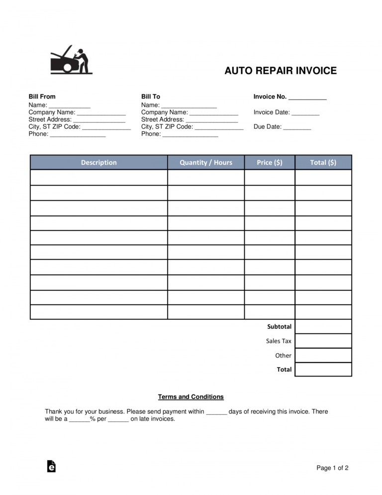 Printable Free Auto Body Mechanic Invoice Template Word Pdf Auto Parts ...