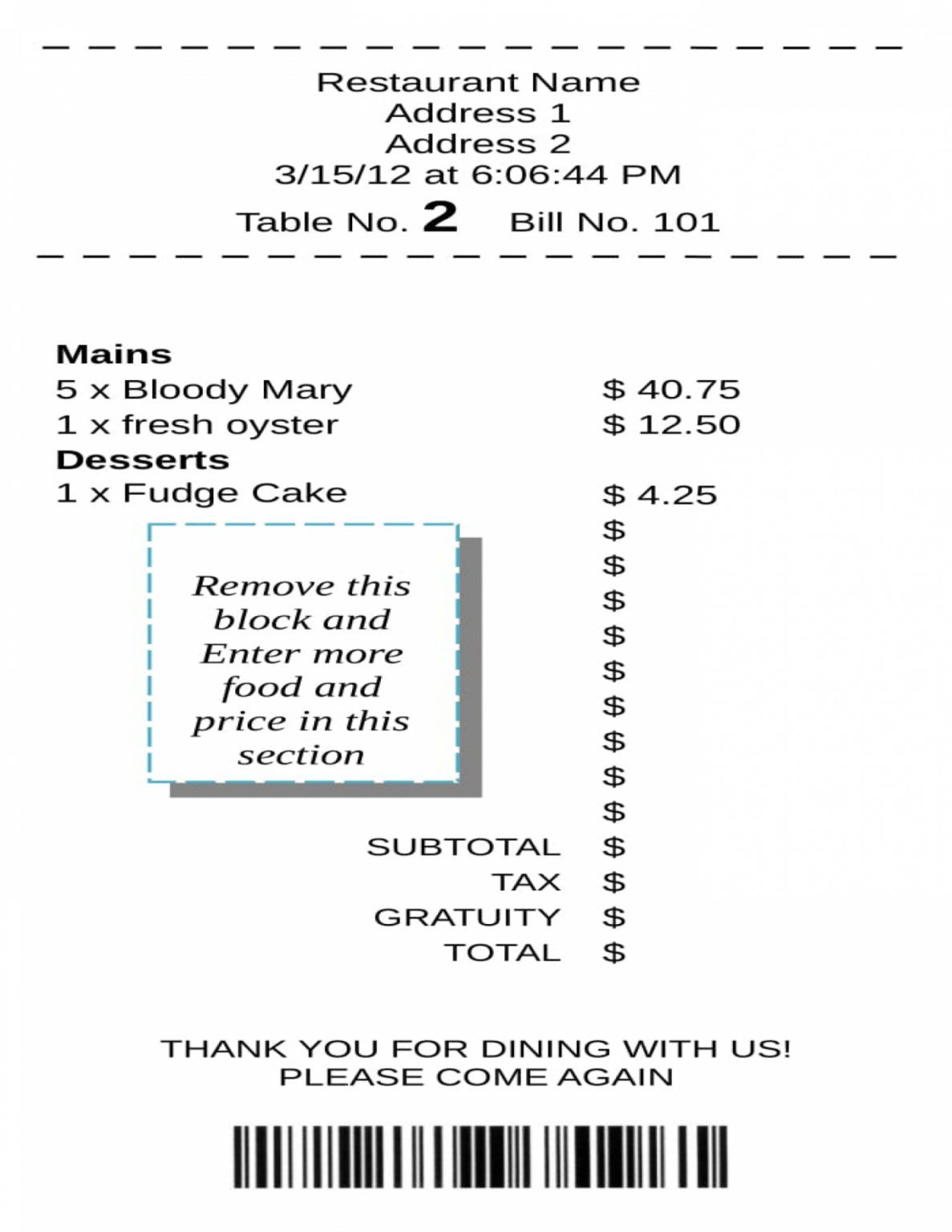 Printable Free 4 Restaurant Receipt Forms In Pdf Ms Word Excel Itemized ...