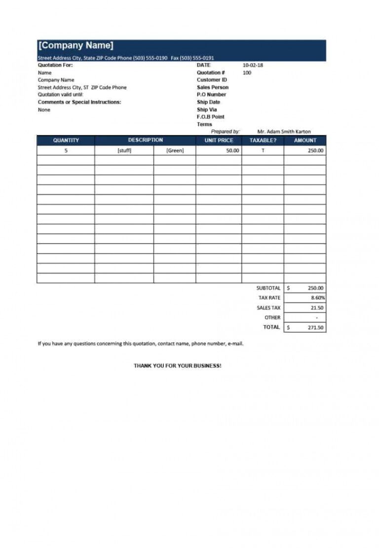 Free Business Price Quotation Template Excel Sample | EmetOnlineBlog