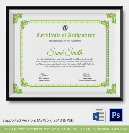Editable Art Certificate Of Authenticity Template  Sample