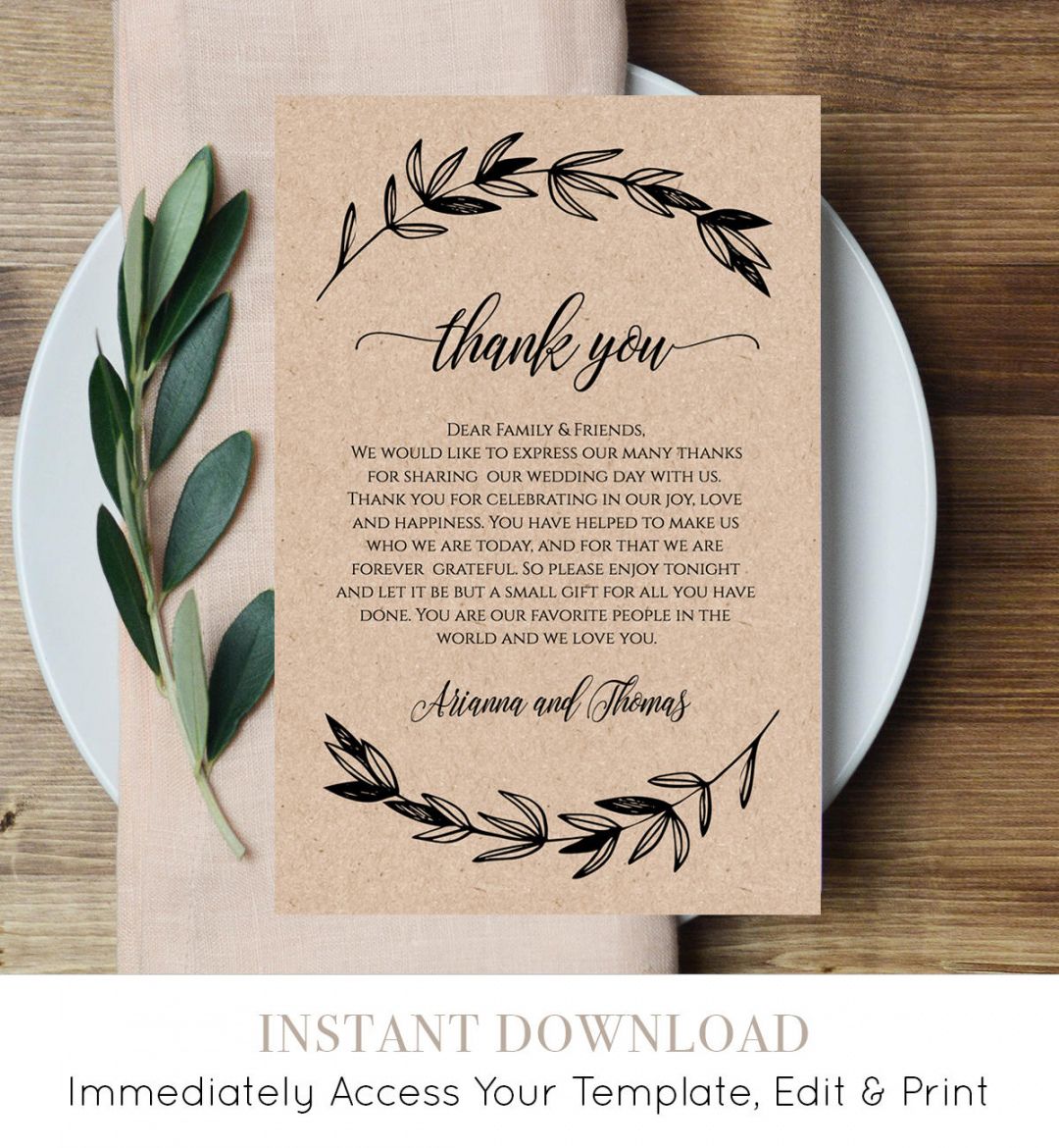 Best Wedding Place Setting Thank You Card Template  Example