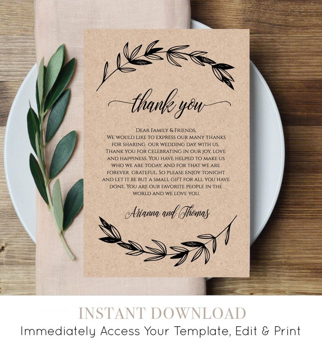 Printable Wedding Place Setting Thank You Card Template Doc Sample