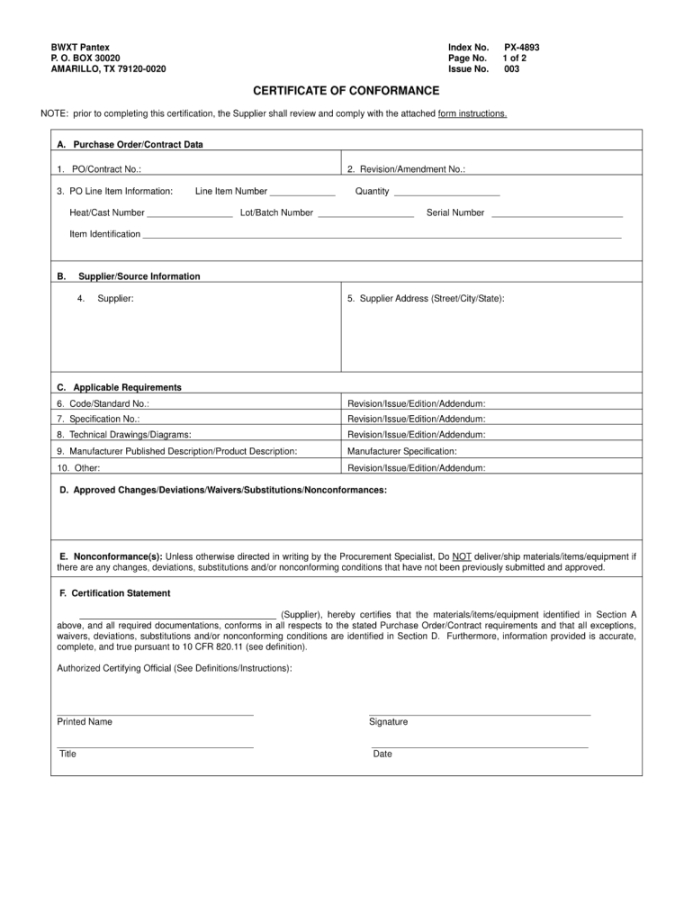 Coc Certificate Of Compliance Template  Sample