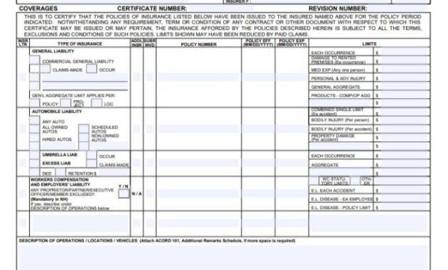 Editable General Liability Insurance Certificate Template