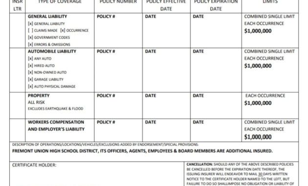 Printable Certificate Of Liability Insurance Template Excel Sample