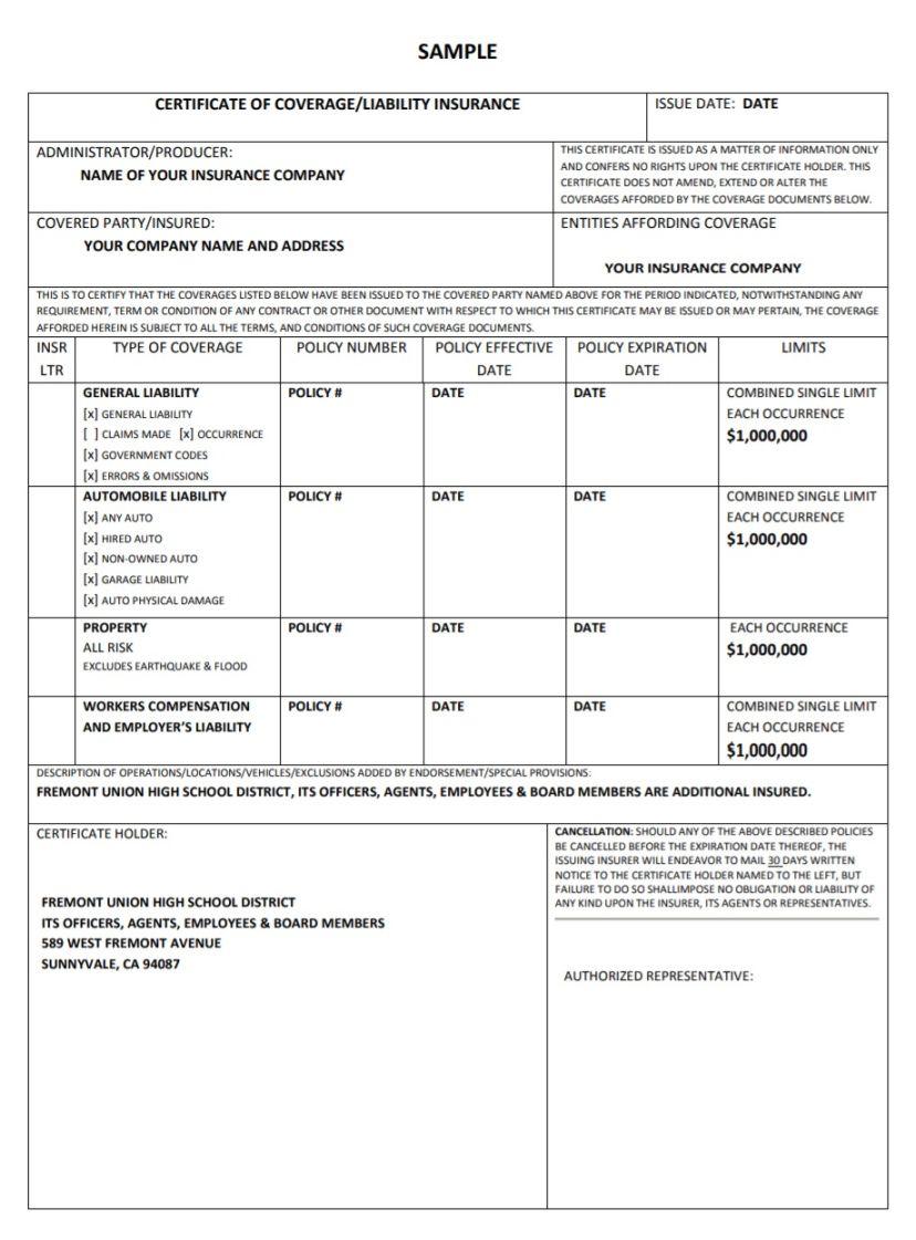 Printable Certificate Of Liability Insurance Template Excel Sample