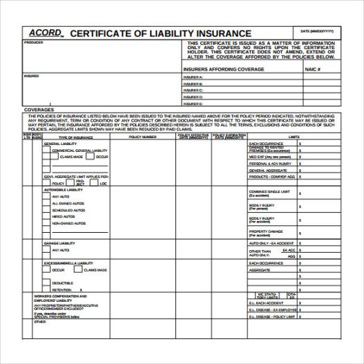 Professional General Liability Insurance Certificate Template  Sample