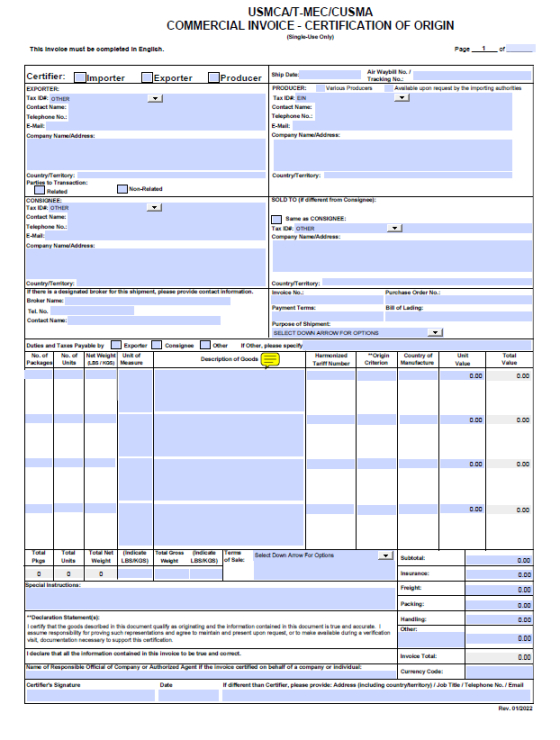 Professional Usmca Certification Of Origin Template Excel Example