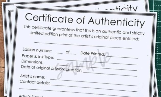 Costum Certificate Of Authenticity For Artwork Template Pdf Example