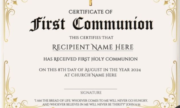 Printable First Holy Communion Certificate Template Doc Sample