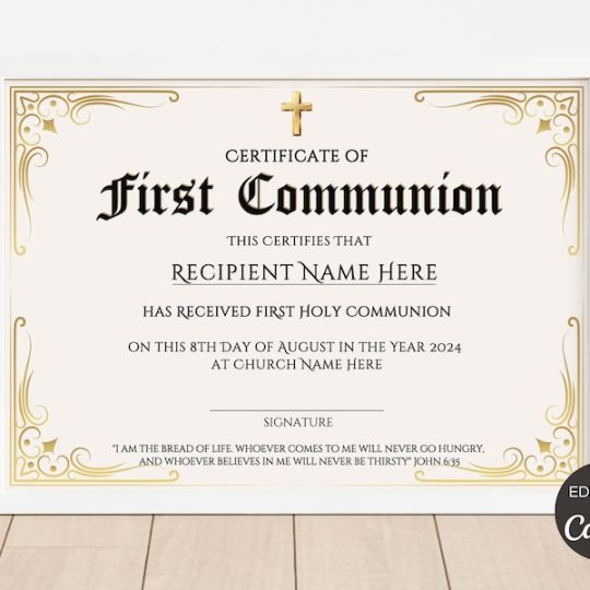 Printable First Holy Communion Certificate Template Doc Sample