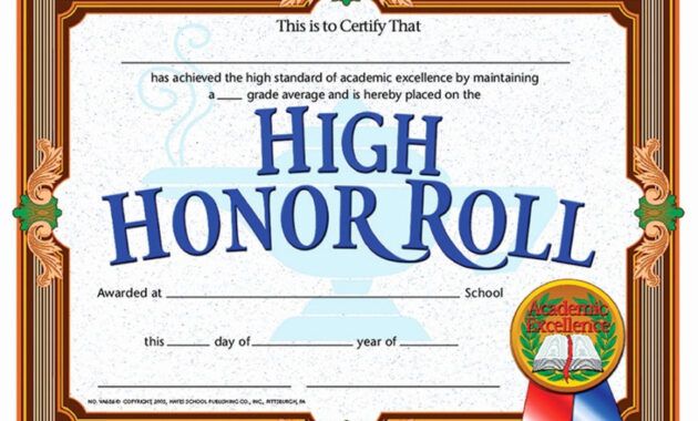 Professional A Honor Roll Certificate Template Doc Example