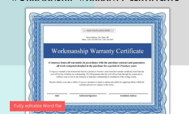 Editable Roof Warranty Certificate Template Word Sample