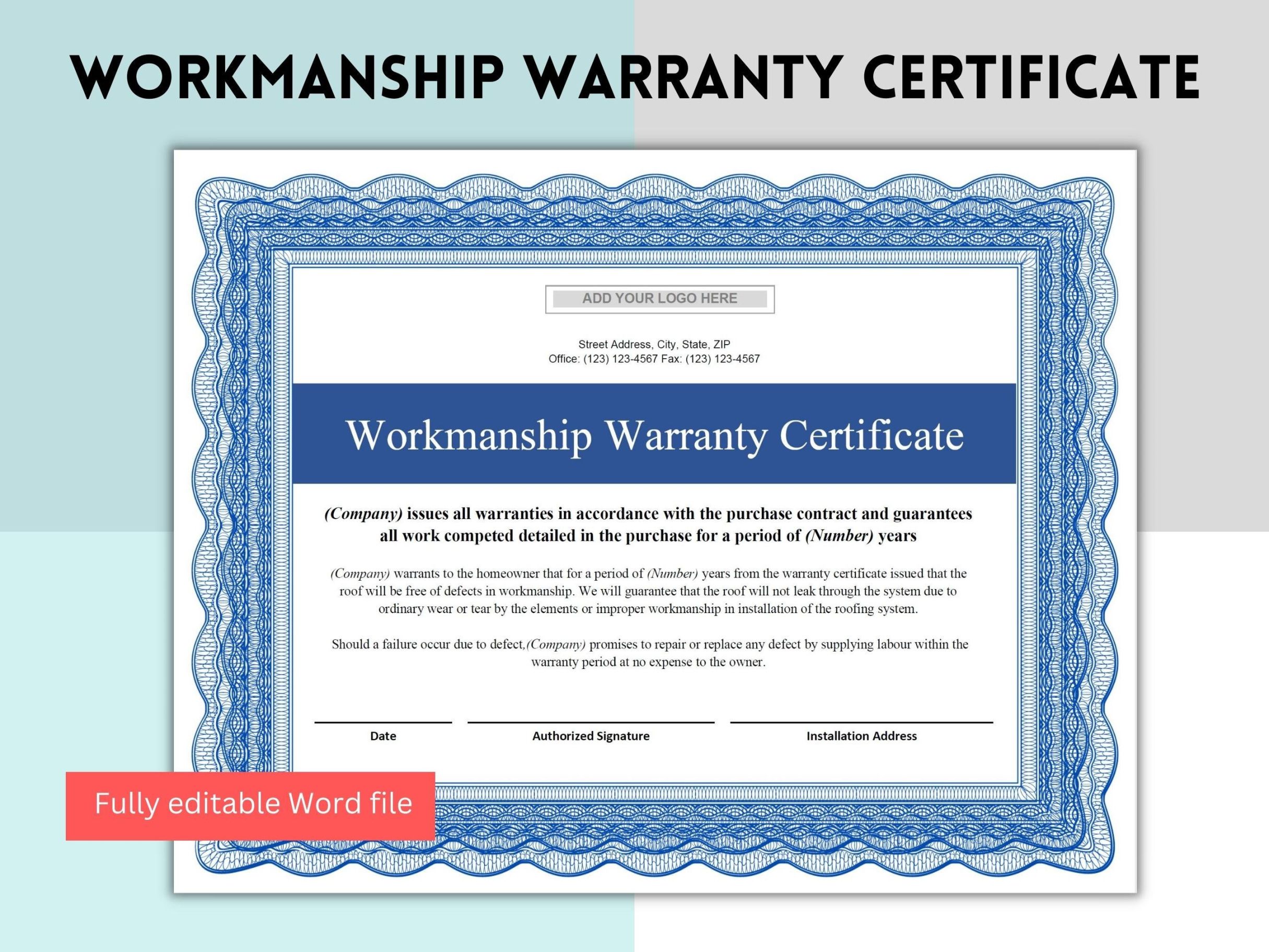 Editable Roof Warranty Certificate Template Word Sample