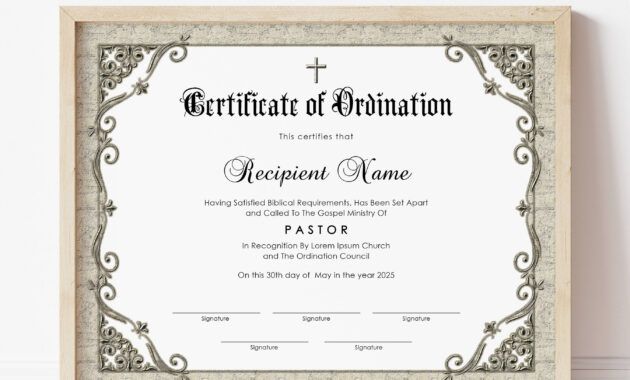 Free  Pastoral Ordination Certificate Template Doc Sample