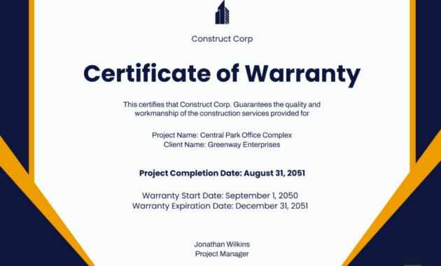 Printable Product Warranty Certificate Template  Sample
